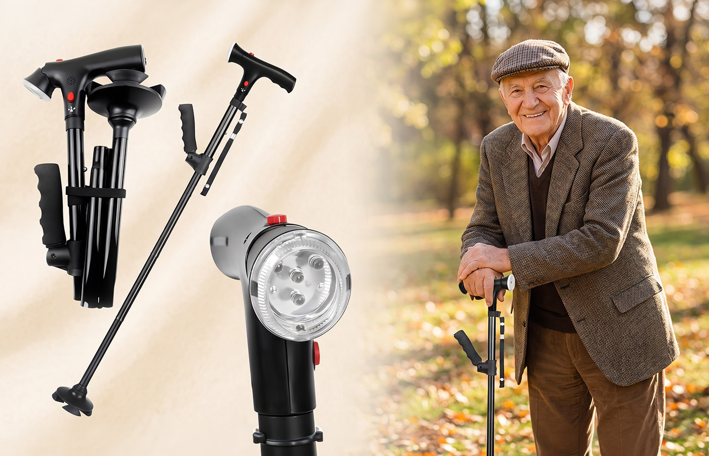 Senior spacerujący z laską Luminex Stabilo w jesiennym parku
